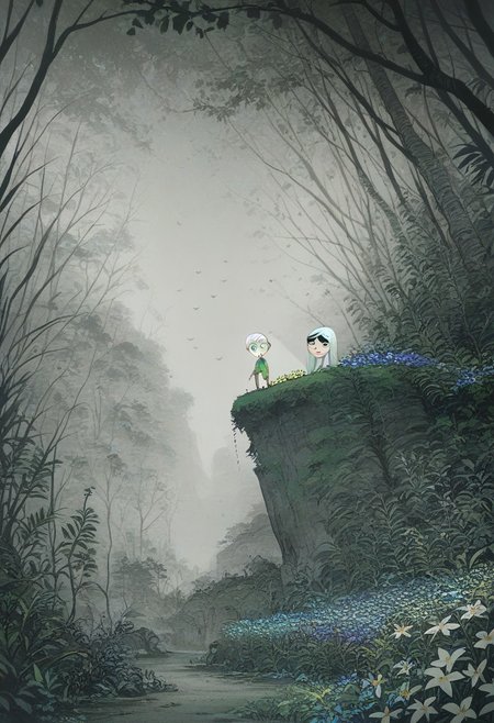 score_9, score_8_up, score_7_up, AislingF, white hair, very long hair, green eyes, black eyebrows, pixar style, outdoors, nature, plants, flower,