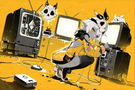 masterpiece,best quality,good quality,very awa,very aesthetic,absurdres,newest,solo,jitome,big eyes,looking at viewer,simple background,1girl,squat,1girl squating on old monitors,full body,monochrome,looking back,yellow background,colored sclera,CRT,computer mouse,female focus,yellow theme,Head tilt,Background Segmentation,Dutch Angle,<lora:ponyv6_noobV1_2_adamW-000017:0.8>,<lora:USNR_STYLE_XL_lokr:0.45>,<lora:mengxuanliart:0.65>,
<lora:Iansan-noob-Tanger-000014:0.8>,Digital Deconstruction,Glitch Art,
Iansan \(genshin impact\),clothes: Iansan def  balck and yellow clothes,skull mask on head,single thighhigh,1girl,green eyes,pointy ears,dark skin,long sleeves,