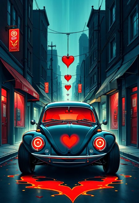 SimpleIllustration cleavage, backlighting, heart, motor vehicle, blood, pillar, hood down, glowing eyes, bug, street