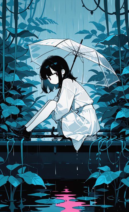 masterpiece, best quality, good quality, very awa, very aesthetic, absurdres, newest, 1other, afloat, androgynous, black hair, colored skin, from side, in umbrella, jitome, knees up, limited palette, looking at viewer, looking to the side, medium hair, no mouth, other focus, outdoors, plant, rain, sitting, sketch, skirt, solo, transparent, transparent umbrella, umbrella, umbrella riding, vines, water, white skin, white skirt, | |, <lora:ponyv6Noobe112Adamw.9Eti:0.8> <lora:MeMaXL4:0.3> <lora:Lofi_style:0.7>
