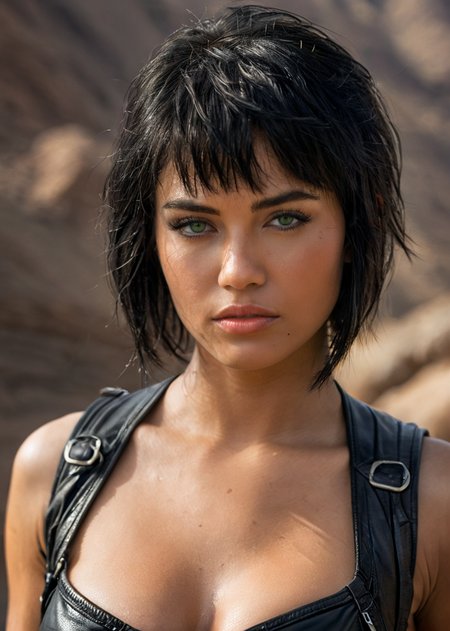 Photo, masterpiece, best quality, dramatic angle, Photo, masterpiece, best quality, dramatic angle, art by luis royo:1.5, cyberpunk fantasy, masterpiece, closeup portrait, daylight, 1girl, (side-view), sexy voluptuous girl, short hair, black hair, leather jacket with tank top, baddass face, leather pants, Green eyes, seductive, posing, black leather belt, mountain background, sweaty, arm tattoos, looking at viewer, sit on a motorbike trail, side portrait (breasts), direct gaze, grey mountain, <lora:mjv6:0.6> <lora:MS_KMXD_SDXL_V1:1> , intricate details, cinematic, good lighting, vibrant colors, (high quality texture), (sharp), (artistic image), 8K, detailed, dynamic, depth of field, intricate, <lora:add-detail-xl:0.8>, intricate details, cinematic, good lighting, vibrant colors, (high quality texture), (sharp), (artistic image), 8K, detailed, dynamic, depth of field, intricate, <lora:add-detail-xl:0.8>