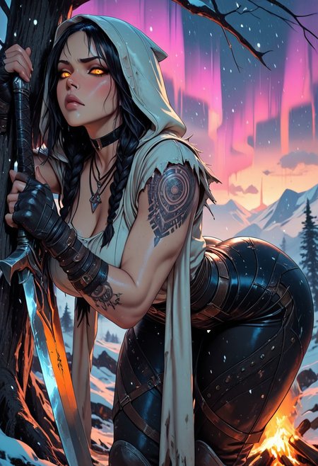 highres, very detailed, amazing quality, masterpiece,
very aesthetic,
particle effect,
1girl, beautiful eyes, looking at viewer, tough girl, slight muscle tone, tan skin, strong face, solo, toned arms, Covered in Tattoos, tattoo, neck tattoos, orange eyes, glowing eyes, necklace, assassins robes, tight pants, ripped pants, holes ripped in pants, hooded, dark braided viking hair, large breasts, thick ass, large ass, choker, fingerless gloves, blade, sword, bent over, bending over, small camp, campfire, 
Viking theme, Nordic theme, assassins creed theme, 
Leaning against tree, holding out a sword towards viewer, foreshortening, pointing her sword at the viewer,
seducing, seductive, flirty, tender, loving, playful, cocky, annoyed, confused, 
on a mountain, snowing, Cloudy Sky, at night, nighttime, aurora in the sky,