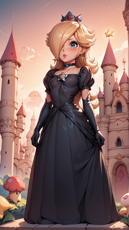 score_9,score_8_up,score_7_up,score_6_up,score_5_up,score_4_up BREAK source_anime,<lora:Princess_Peach_Shiny_Style-000009:1>,1girl,blush,shiny skin,skinny,crown,gloves,choker,outdoors,bloom,dress,pose,castle,sunset,princess rosalina,black hair,black liptick,black eyeliner,black dress,goth,