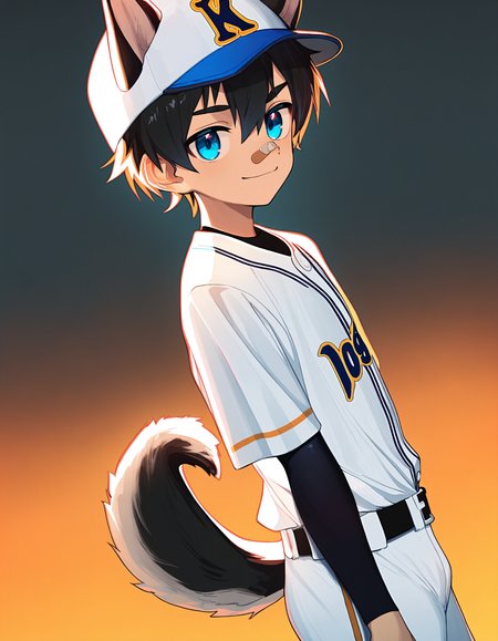 masterpiece, best quality, good quality, koemixpi-style, luye-style, orange gradient background, dutch angle, backlighting, film grain, chromatic aberration, 1boy, solo, black hair, blue eyes, baseball uniform, baseball cap, dog ears, dog tail, dog boy, looking viewer, smile, bandaid on nose <lora:luye-yuan_naXL_v3c-ShoAI:0.6> <lora:koe-mixpi_naiXL_v3b_ShoAI:0.65>
