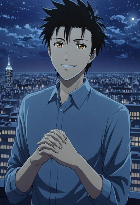 solo, 1boy, detailed_eye_model, easynegative, Soujirou Agata, Brown Eyes, Black Hair, on the roof of a tall building, city view, sparkling, happy, full of enthusiasm, smile, folded hands, gentle breeze, Night