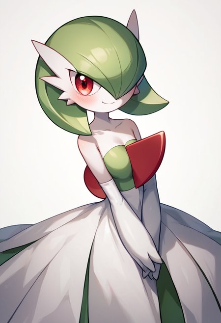 score_9, score_8_up, score_7_up,  <lora:gardevoir:1>ï¼1girl, bare_shoulders, blush, bob_cut, closed_mouth, commentary_request, elbow_gloves, green_hair, hair_over_one_eye, happy, highres, long_dress, looking_at_viewer, mega_gardevoir, mega_pokemon, one_eye_covered, own_hands_together, partial_commentary, pokemon_\(creature\), red_eyes, short_hair, simple_background, smile, solo, strapless_dress, v_arms, white_background, white_dress, white_gloves, white_skin