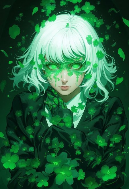 An Acrylic style painting that is expressive, gives it a dynamic and emotional quality. Anime art of a stylized portrait of a woman with a ethereal green mist over her eyes. The mist creates a dramatic and surreal effect. The woman has a cold aesthetic, complimented by her white hair. Anime art of woman draped in shadows with a lighting that enhances her unique features.
The background is dark green, filled with green flower petals.