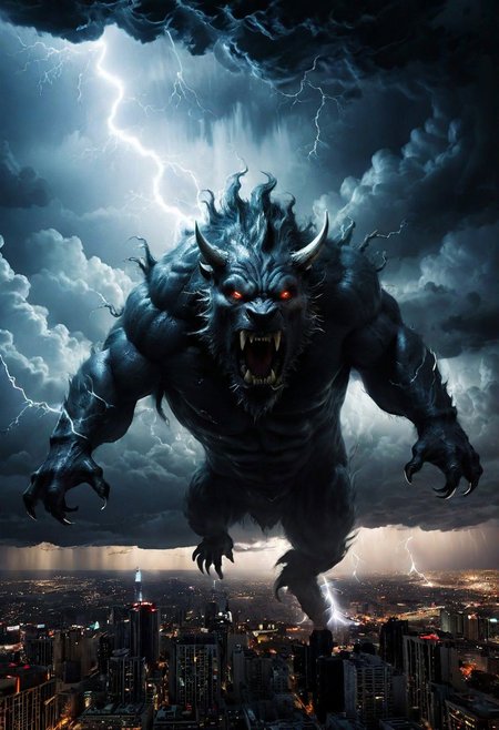 black clouds, rain, lightening, dark, night, ( beast appears from the rolling cloud), The beasts looks down as he towers above the city below,  DEVIL SPAWN