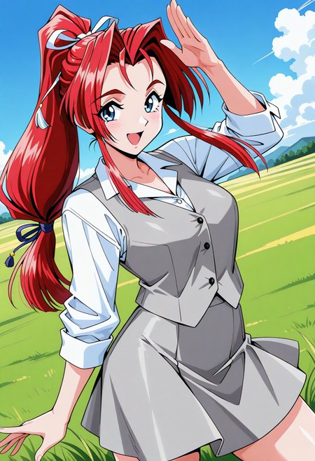 yokoyama_megumi, blue eyes, red hair, long hair, ponytail, low-tied long hair, hair ribbon, collared shirt, gray vest, gray skirt, <lora:Graduation_yokoyama_megumi_illustrious_ver1:0.8> 
smile, open mouth,, masterpiece, best quality, sensitive,, 1girl, solo, blue sky, (grasslands:1.2), looking at viewer,, (cowboy shot, dynamic pose:1.4),