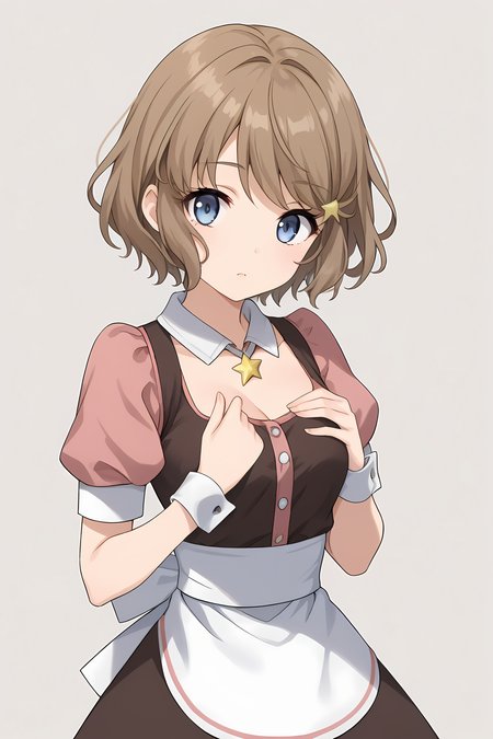 (waitress:1.50), bgs-tomoe, brown hair, short hair, blue eyes, bangs, hairclip, star necklace,
medium breasts,
1girl, solo, skinny, (source_anime, score_9, score_8_up, score_8, score_7_up), score_7, score_6_up, score_6, score_5_up, score_5, 
(:1.40),
(simple background:1.30),
(straight-on:1.40), (:1.20),
<lora:bgs-tomoe-V01:0.60>