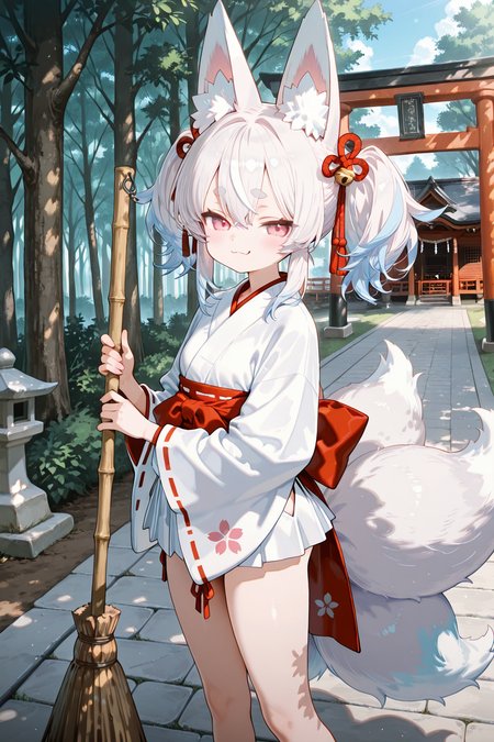 anime style.

((Side Shot)).

Inari cleaning path with broom.

1girl, monster girl, Inari, animal-ears, fox tail, multiple tails, white hair, twintails, detailed hair, pink eyes, detailed eyes:1.3, detailed face:1.2, smug, brat, white mini miko kimono, white mini skirt. tighthighs, cleaning path with broom.

BREAK

sky blue tone filter. japanese shrine(cool temperature, morning, tree, stone path, Torii)

embedding:lazympos, score_9, score_8_up, score_7_up, masterpiece, best quality, amazing quality, very aesthetic, high resolution, ultra-detailed:1.4, absurdres, newest,high dynamic range, vibrant, clear shadows and highlights, enhanced contrast,