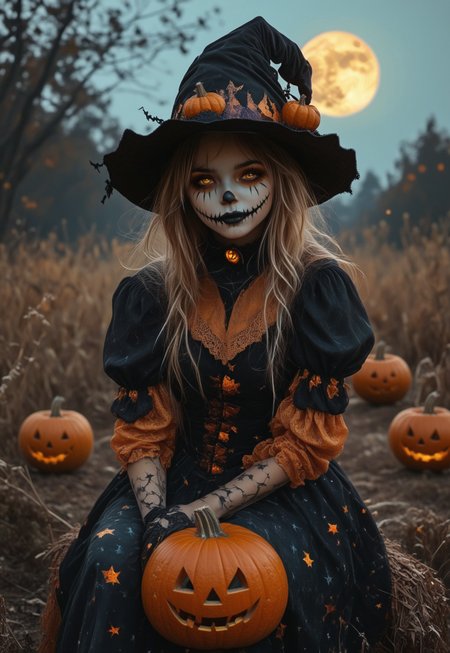 by Ian McQue and Sam Spratt,  Magical Autumn, <lora:EnvyStudioPortraitXL01:0.35> , portrait of  leu_hanna2, 25 yo, HALLOWEEN, halloween costume, witch hat, pumpkins, night sky, pointing a to a viewer