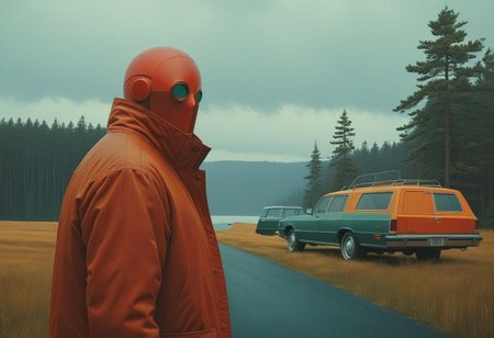Vibrant (George Tooker) and (Simon Stalenhag) and (Holly Andres) book cover style.
Title: "The Closer".
Life-like details.
Cinematic. Dramatic. Dynamic. 
Pristine Aesthetic.
Enigmatic.
Emotionally Moving.
Moody.
Extremely refined lines and and shapes.
Extremely refined details on objects.
Sharp details.
Complementary colors.
Many details everywhere. Ray-Tracing. Anti-Aliasing. Realistic soft shadows. Low saturation colors. Insane quality. Insane resolution. Insane details. Masterpiece. 32k resolution.