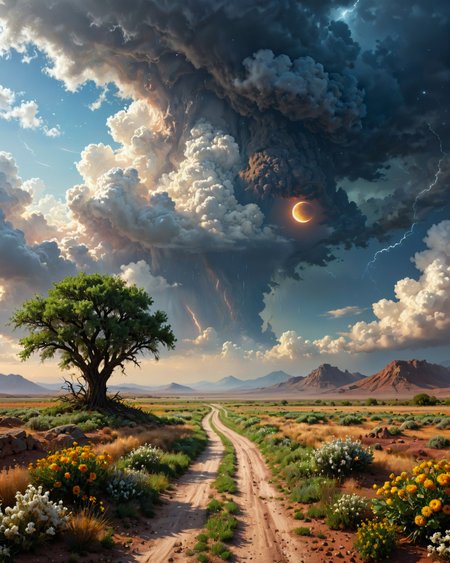 (fantasy landscape:1.2),(surreal landscape:1),
a sprawling ancient forest, with vast expanses of greenery, diverse wildlife, a sense of wonder,  
Haboob engulfing desert highway,  
a winter cloudscape, with clouds heavy with snow, the sky a soft gray, promising a gentle snowfall,  
Volcanic ash-filtered copper sunlight, 
Harvest moon over ripe crops,
Inselberg isolated rock formations,  
,
,
Storms rewriting landscape geometry,
Craig Mullins: (bold brush strokes), (cinematic contrast), (sci-fi realism), (textured surfaces) :cite[2],
 f/4, shutter speed 1/8 sec, iso3200, white balance auto, exposure compensation    "+1.5 ev", manual shooting mode, framing, focus mode continuous, partial metering,
(masterpiece:1.4), (intricate details:1.4), (hyperrealistic:1.3),(painting:0.9),(ultra detailed:1.4), (8k resolution:1.3), (sharp focus), (dramatic perspective:1.1), (chromatic aberration:0.3), (film grain:0.2), 
 <lora:cheeseDaddys_35:0.3>,
<lora:JuggerCineXL2:0.3>,
 <lora:add-detail-xl:1.15>,
 <lora:WildcardX-XL-Detail-Enhancer:0.4>,
 <lora:sdxl_lightning_8step_lora:0.3>,
<lora:EnvyDramaticLightingXL02_photo:0.4>,
 <lora:xl_more_art-full_v1:0.7>,
 <lora:ClassipeintXL2.1:0.3>,
 <lora:Flux-XL_Scenery:0.5> flux-scenery,