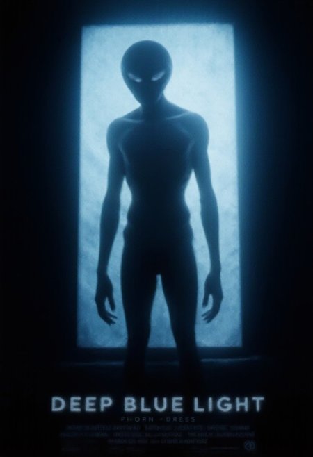 A horror movie poster. A vague silhouette of a terrifying grey-type alien looms over the blinding and otherworldly blue backlight from a large and tall window behind. The alien's unbalanced humanoid features are emphasized, such as disproportionately enormous head with large pitch black eyes with no expression and impossibly elongated limbs and large hands with elongated fingers. The alien is leaning forward as if looking into viewer. The scene is in a dark room at night illuminated by the backlight from the window. The movie title 'Deep Blue Light' written at the bottom of the image in simple and bold white font with ominous blue glow. (Production credits below the movie title.:1.2) aidmatextimprover, full-body shot, volumetric fog, high contrast, god rays
