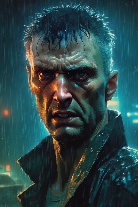 <lora:Sam Spratt Style:1>Sam Spratt Style - A very scary and unatural looking serial killer. upper body shot. blade runner themed. scifi, cyberpunk vehicles, rainy, night. magic the gathering card art.