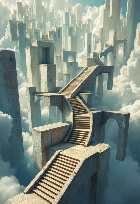A maze of twisting, endless staircases that defy gravity, leading to floating doors in the sky.