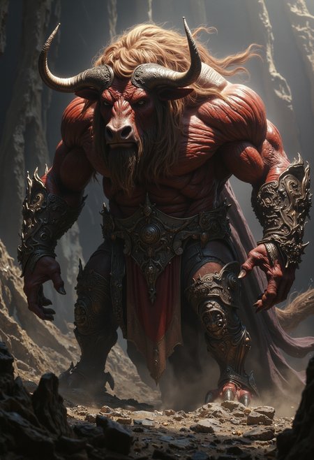 In a surreal landscape, a mighty Minotaur-Bull hybrid, adorned with humanoid arms, a powerful build resembling a fierce monster, stands tall and proud. The monster's muscular body is a deep, emerald green, and its eyes are a piercing green. The monster's muscular body is a deep, emerald green, and its powerful muscles ripple beneath its skin. The scene is both awe-inspiring and terrifying, a testament to the power of imagination, realistic reflections, dramatic lighting, intricate detailing, 16k, sharp focus, vivid colors, hdr, <lora:models\Flux\flux.1_lora_flyway_Epic-Characters_v1:0.55>, <lora:models\Flux\realism_lora_comfy_converted:0.47>, <lora:models\Flux\FantasyWizardWitchesFluxV2-000001:0.61>, <lora:models\Flux\FluxGhost-000001:0.43>