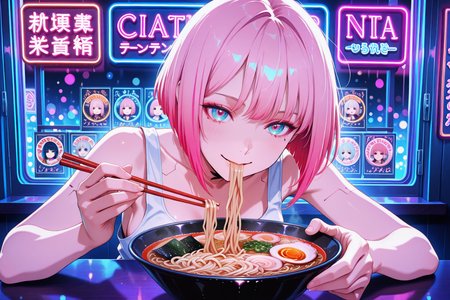 embedding:lazypos, 1girl, short pink bob haircut, vibrant hot pink eyeshadow, intense wide eyes, parted lips, slight overbite, looking at viewer, in a dimly lit bustling ramen restaurant, holding chopsticks with noodles raised to her mouth, small smile, sideboob slip on her tanktop, (soft lighting:1.2), (gentle highlights:1.1), face in focus, neon lights reflecting in her eyes, small ramen shop, cyberpunk theme, emphasized edge, (cinematic anime:1.1), (official anime art:1.1), (anime screencap:1.1), (soft neon light glow:1.1), (bokeh effect:1.1), (film grain:1.1) <lora:TrendCraft_The_Peoples_Style_Detailer-v1.0A-3_13_2025-illustrious:0.6>