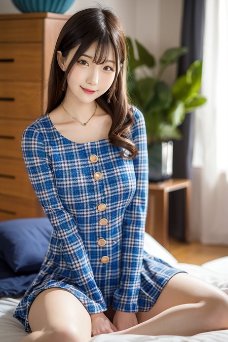 <lora:AcFun_Cherry:1>  AcFun_Cherry a woman in a plaid dress sitting on a bed