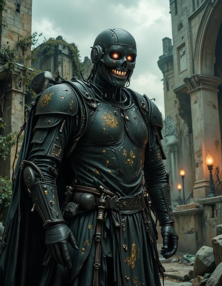 Dark Fantasy, ruined kingdom, skeletal guardian â A towering, armored figure stands motionless in the ruins of a forgotten castle, its body wrapped in tattered, regal fabrics embroidered with faded golden symbols. The corroded metal of its pauldrons and gauntlets is cracked and worn, yet its posture remains unnervingly poised. Its face is a polished, featureless mask, smooth as marble, but the mouth is disturbingly organic, revealing a perfectly aligned row of human teeth, ral-rbotth, glistening in the cold twilight. The remnants of a shattered throne loom in the background, overtaken by creeping vines, while distant torches flicker weakly against the coming storm.
<lora:ral-rbotth-flux:0.8>  <lora:dark-fantasy-flux:1>