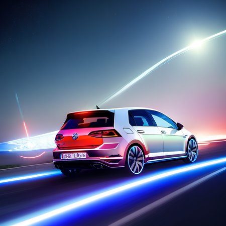 volkswagen golf r, white car, perfect rims, space highway, variable view, cosmic background, stars and planets, synthwave effect, neon light, CarHelper, ActionHelper, PhotoHelper