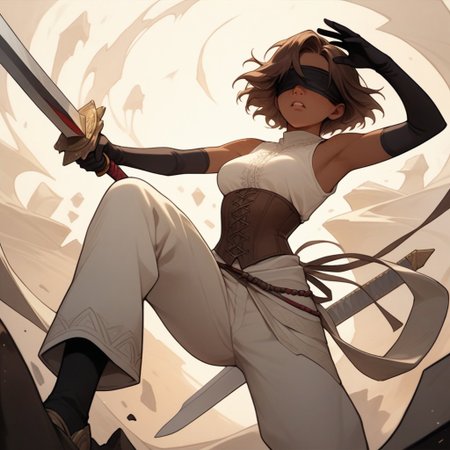 Score_9, Score_8_up, Score_7_up, (masterpiece), best quality, blindfolded, perfect face, perfect anatomy, anime girl, slim, medium breasts, hourglass shape, brown hair, short hair, dark skin and freckles, beautiful and trained bodysuit, white sleeveless shirt, brown corset that highlights her breasts and small waist, loose pants with openings on the sides, without shoes and with long black gloves that reach to her elbows, hippie aura
fighting perspective, with a sword in his hand, about to fight, hell  
<lora:Concept_Masked_Lady:0.7>,