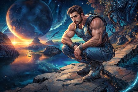 <lora:SyFyEye1_v2.0:.75>, ((SyFyEye1, standing, male focus, reflection, night sky, day, crescent moon, day, ocean, night, sunlight, sunlight, moonlight, milky way, science fiction, planet, river, flying,)), bara, mature, facial hair,  male, (homoerotic), masterpiece, highly detailed face and skin, hyperrealistic, male only, bara, mature, stubble, muscular male, handsome, male focus, light particles,(Balance and coordination between all things),real light and shadow, perspective, composition, adventurous, energy, exploration, contrast, experimental, unique <lora:style_adddetail:.7>
(((wide view, squatting))), (detailed background, cinematic, detailed, atmospheric, epic, concept art, masterpiece, best quality, 8k, ultrarealsitc), realistic