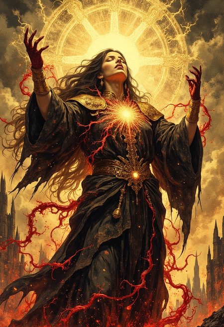 A dramatic fantasy character mid-transformation, posed in an expression of agonizing ecstasy, set against a desolate, apocalyptic backdrop under a golden, stormy sky. The character is a woman with long, flowing raven-black hair swept upward by an unseen force. Her body leans backward dramatically, her chest thrust forward as if overwhelmed by the dark, mystical energy coursing through her. One arm is raised, fingers splayed outward in a gesture of surrender or agony, while the other arm extends to the side, twisted slightly as if struggling against unseen restraints. Her legs are bent unevenly, with one leg stepping forward as her robes swirl and billow in response to the chaotic forces around her.
She wears tattered, dark ceremonial robes adorned with golden accents and an ornate, glowing chest plate that seems to pulse with energy. Blood-red tendrils erupt violently from her chest and arms, snaking outward in jagged, chaotic patterns, as though drawing power from or spreading corruption to the surrounding environment. Her face is turned slightly upward, blindfolded eyes glowing faint red, capturing a moment of divine torment and transcendence.
Overlaid on the scene is a glowing golden arcane sphere puzzle. In the background, jagged ruins and broken towers rise into the smoky, chaotic sky, The overall atmosphere is one of dark grandeur, mystical sacrifice, and blood-infused sorcery.