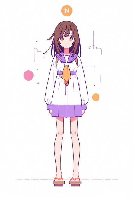 Flatline, Flat vector illustration, looking at viewer, full_body, 
nadeko, long hair, long bangs, brown hair, school_uniform, sailor, 
slim, slender, knees, long legs, beautiful legs, barefoot, geta wooden sandals, 
from front, front view, straight-on, look at viewer, standing, (legs apart:1.4), 
white background,