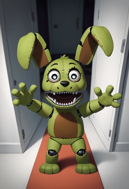 score_9, score_8_up, score_7_up, solo male, from above, high-angle view, pov, PlushtrapFNAF, rabbit ears, scut tail, teeth, sharp teeth, wear and tear, green skin, petite, barefoot, 4 fingers, perfect hands, (large head:1.1), shortstack, small body, sharp teeth, fuzzy, plush body, seam \(sewing\), stitch \(sewing\), animatronic, glowing eyes, crooked whiskers, ragged, withered, 
masterpiece, detailed face, looking at viewer, smile, open mouth, nervous, knock-kneed, cocked head, zPDXL3, dark hallway, inside, nighttime, raised arms, hands up, reaching towards viewer, hallway, carpet, chair, standing, living plushie, shadowy, detailed background, 3 toes, dutch angle,