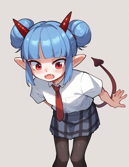 score_9, score_8_up, score_7_up, score_6_up, score_5_up, score_4_up, solo, 1girl, solo,
<lora:Popoka_v3:0.8> ppka, distracted, aloof, oblivious, bending over, school uniform, necktie, plaid, pantyhose, flat color, sketch, <lora:Nullantwins:0.8> Zhuu, blue hair, red eyes, pointy ears, red horns, demon tail, small breasts, fangs out, double bun, blunt bangs,