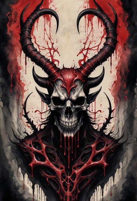 a nightmare, an evil creature, (horns, bones), detailed, high resolution, eerie, atmospheric, foreboding, linquivera, (black and red ink:1.6), dripping ink, symmetrical