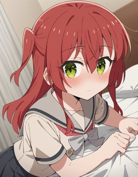 score_9, score_8_up, score_7_up, source_anime,
kitaikuyo, <lora:ikuyo-kita-s1-ponyxl-lora-nochekaiser:1>,
ikuyo kita, green eyes, hair between eyes, long hair, one side up, red hair,
black skirt, grey sailor collar, pleated skirt, sailor collar, school uniform, short sleeves, shuka high school uniform, skirt,
indoors, bed, bed room, on side, blush, drunk,
cowboy shot, solo, dutch angle, looking at viewer,