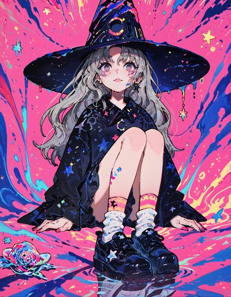 score_9, score_8_up, score_7_up, score_6_up,masterpiece,best quality, absurdres,colourful, pink, blue, black, red, trippy,1girl, hat, solo, black footwear, witch hat, shoes, socks, pink background, chromatic aberration, grey hair, <lora:soup_perfect:0.7>, <lora:f3nn3rXLP:1>, <lora:Abstract:0.4>