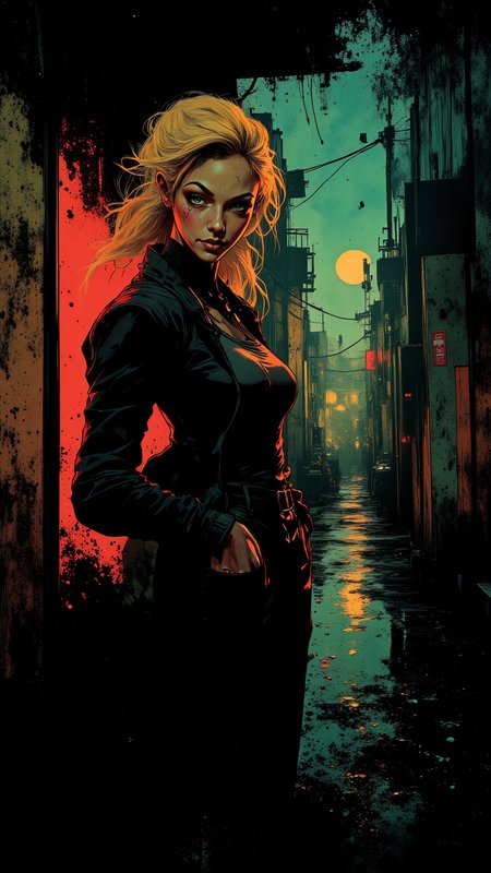 Dave McKean Style, dimly lit back alley, soft neon reflections, cute realistic woman, long wavy blonde hair, cropped jacket, fitted tank top, confident smirk, hands in pockets, graffiti-covered walls, distant city lights, mist rising, <lora:Inkpunk_Flux:0.5> <lora:Vibrantly_Dark_style_v.1:0.6> <lora:DaveMcKeanStyle:1.3>