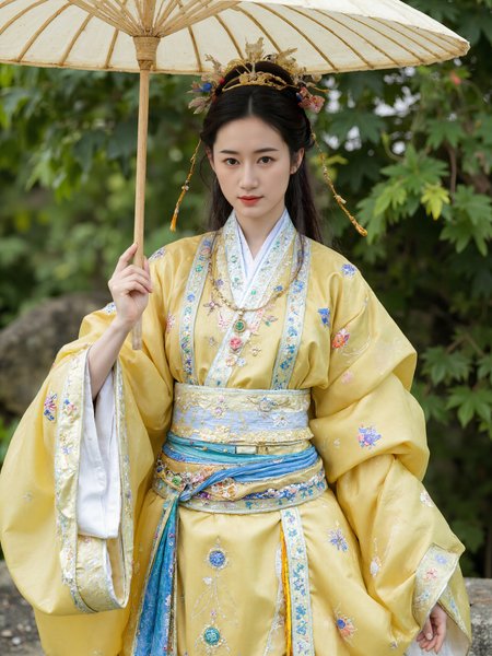 This is a high-resolution photograph featuring a young Asian woman in traditional Chinese attire. She stands in a natural outdoor setting, surrounded by blurred greenery, suggesting a park or garden. The woman, with fair skin and delicate features, wears an elaborate, flowing yellow and blue silk robe adorned with intricate embroidery and gold accents. Her hair is styled in an elegant updo, with ornate hairpieces and jade accessories. She holds a large, traditional Chinese parasol above her head, adding a sense of grace and historical authenticity. The lighting is soft and natural, enhancing the serene and picturesque ambiance. The camera angle is at eye level, capturing her full figure and the detailed textures of her clothing. The composition follows the rule of thirds, with the woman positioned slightly off-center, drawing the viewer's eye naturally across the image.