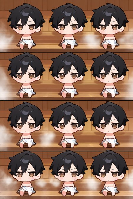 masterpiece, best quality, amazing quality, very aesthetic, high resolution, ultra-detailed, absurdres, newest, BREAK, male, male focus, (((chibi body, chibi head))), BREAK, brown eyes, short hair, black hair, bangs, BREAK, towel around waist, sauna, steam, sweat, looking at viewer, multi boys, multi stickers