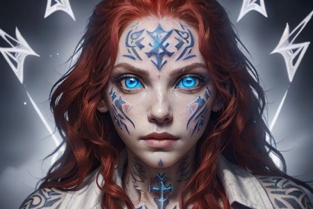 bright red hair, human female, (feminine:1.7), (beautiful face, detailed face:1.6), (beautiful eyes, detailed eyes:1.7), (looking at viewer, eye contact, intense:1.6), (long hair, red hair, curly hair:1.3), , ((masterpiece, best quality, high resolution, realistic, best quality,)), photo realistic, Perfect Face, (detailed face). <lora:GoodHands-vanilla:0.6> <lora:add-detail-xl:0.8>, mage, (Dress White military uniform coat), dagger, rune dagger, glowing runes, , (((glowing magic symbols tattoos, religious tattoos))), ((face tattoos)), glowing tattoos, stone tower in the background