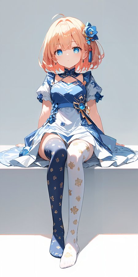 score_9, score_8_up, score_7_up,source_anime, high res image,masterpiece,best quality,girl,cute face,clear skin,shiny hair,ultra detailed eyes,simple background, <lora:ni-so_pony_V1.0:1> jyojifuku, print  thighhighs,dress,foot