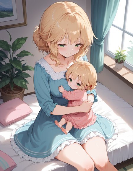 score_9,score_8_up,score_7_up,score_6_up,score_5_up,score_4_up,source_anime,<lora:momoka.pony:0.9>,2girls,sakurai momoka,(affectionate:1.1),(motherly:1.2),baby,hugging object,sitting,felicita,maternity dress,bedroom,window_,plant,curtains,from_above,blonde hair,indoors,green eyes,blue dress,mother and daughter,potted plant,collarbone,blush,closed mouth,on bed,pillow,frilled dress,frills,bed,barefoot,breasts,
