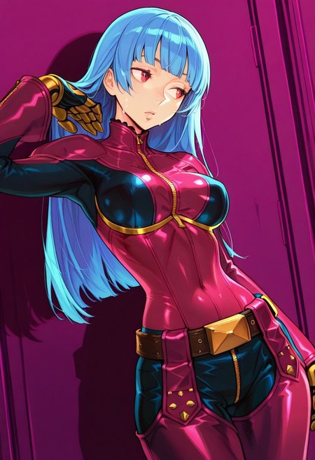 masterpiece, best quality, very aesthetic, absurdres, 
1girl, cowboy_shot, solo, vanillaware, 
breasts, revealing clothes, cowboy shot, (masterpiece),(best quality),(ultra-detailed),(best illustration),(best shadow),(absurdres),(detailed background),(very aesthetic)
,
NishimuraXL,
,wet,sweat drop, kula diamond, 1girl, solo, long hair, blue hair, gloves, breasts, zipper, red eyes, bangs, chaps, red lavender bodysuit,  gloves, gold gloves,  mechanical gloves,belt, covered navel