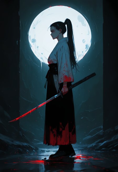 masterpiece, best quality, good quality, very awa, very aesthetic, absurdres, newest, 1girl, solo, long_hair, black_hair, holding, standing, full_body, ponytail, weapon, boots, japanese_clothes, sword, holding_weapon, from_side, profile, blood, holding_sword, single_hair_bun, katana, hair_pulled_back, blood_splatter