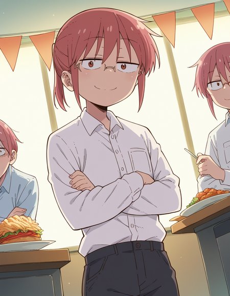 score_9, score_8_up, score_7_up, source_anime, <lora:dragon-kobayashi-s2-ponyxl-lora-nochekaiser:1>, kobayashi, ponytail, pink hair, glasses, short hair, brown eyes,, shirt, long sleeves, white shirt, collared shirt, pants, black pants, office lady,, restaurant, laughter, good food, warm lighting, celebration, smile, looking at viewer, crossed arms, smug, solo,, dutch angle,