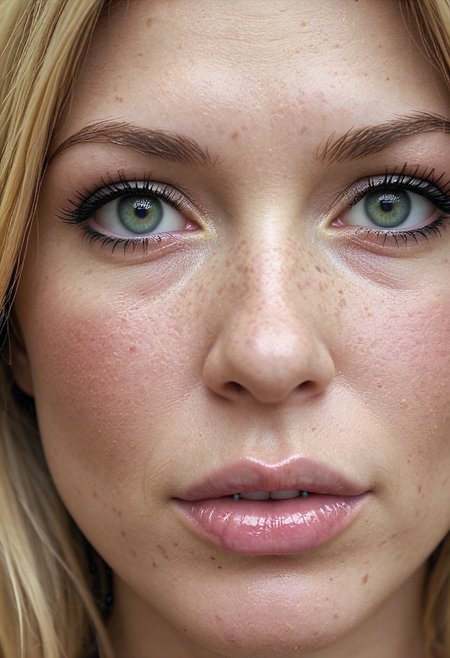 annabelle woman, mature woman, milf, 1girl, solo, green eyes, freckles, realistic, looking at viewer, blonde hair, portrait, close-up, parted lips, eyelashes, detailed skin  <lora:anabelle-remix-v3:1> (outdoors:1.2)