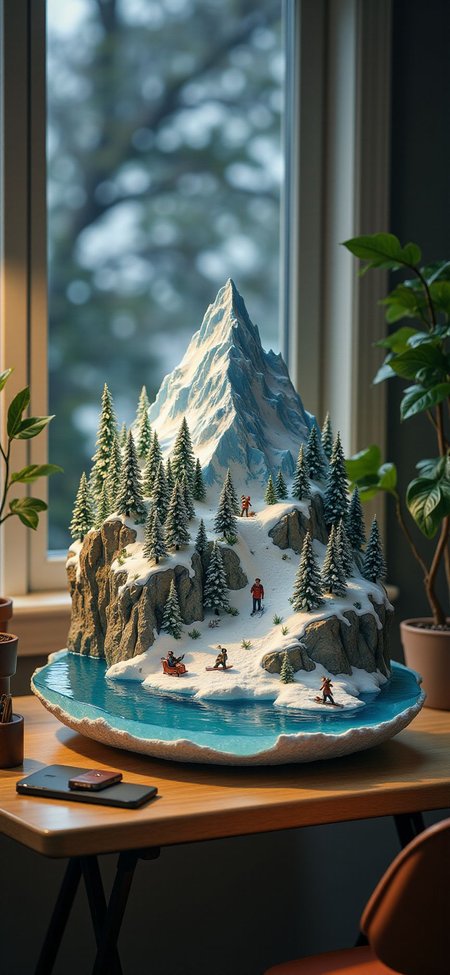 (indoor,very wide isometric view,tilt-shift lens:1.6), (windowless,fna_style,miniature,miniature,diorama,miniature,diorama,PVC,plastic:2),dawn snow,forest,slope with mountain,ski,snowboard  at (floating island,levitating  island:1.5) on (table:2) at (attic:2.5)   <lora:Diorama_Flux:1>
<lora:Fantasy_Novel_Art_Style:1>