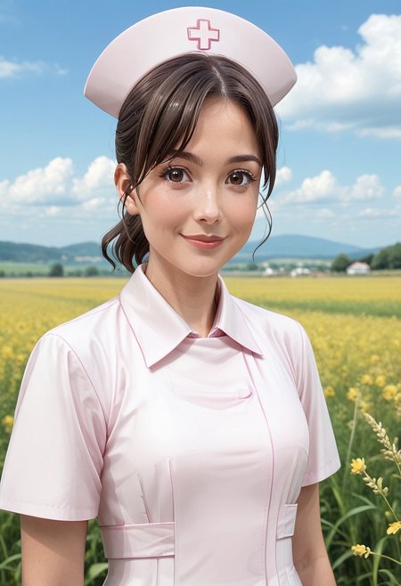1girl, solo, (field:1.2), (sky:1.2), medium breasts, smile, 
tantei1_kangofu, brown eyes, brown hair, ponytail, mature female, nurse cap, nurse, white dress, <lora:tantei1_kangofu_pony_ver2:0.8>, score_9, score_8_up, score_7_up, best quality, uncensored, (upper body:1.2), (close-up:1.4), (facing viewer:1.4),