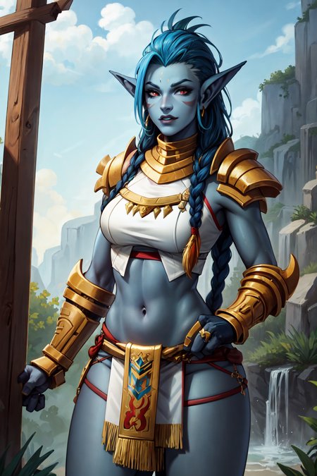 (masterpiece:1.2), (best quality:1.2), perfect face, perfect eyes, volumetric lighting, mature female shewowtroll, colorful streaks, blue skin, red eyes, jewelry, feathers, fur, markings, braids, tusks, crop top, gauntlets, loin cloth, fantasy, outdoor   <lora:sxzTrollsWarcraft_sxzTrolls:0.8>