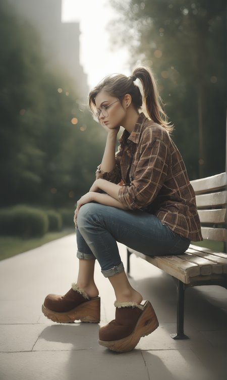 score_9, score_8_up, score_7_up, score_6_up, source_anime,
low angle, from below, from side,
autumn, outdoors, park,
1girl, 
sitting, park bench,
flannel shirt, jeans, round glasses, ponytail, brown hair,
sherpa clogs, platform footwear,
embedding:zPDXLrl ,
embedding:zPDXL2 ,