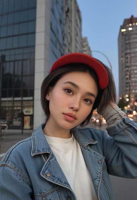 30yo woman posing for pic in front of tall building.
Small eyes. Brown eyes.
Wearing ripped Denim jacket red hat
no makeup. Clear skin.  realistic skin style
Long dark black slick back hair. No makeup. Dusk, Street light. Looking at camera POV. Slight smile, tilting head.. Tilt head. Hands in head, face, lips.
Medium Close Up shot. Bokeh. Bokeh light.